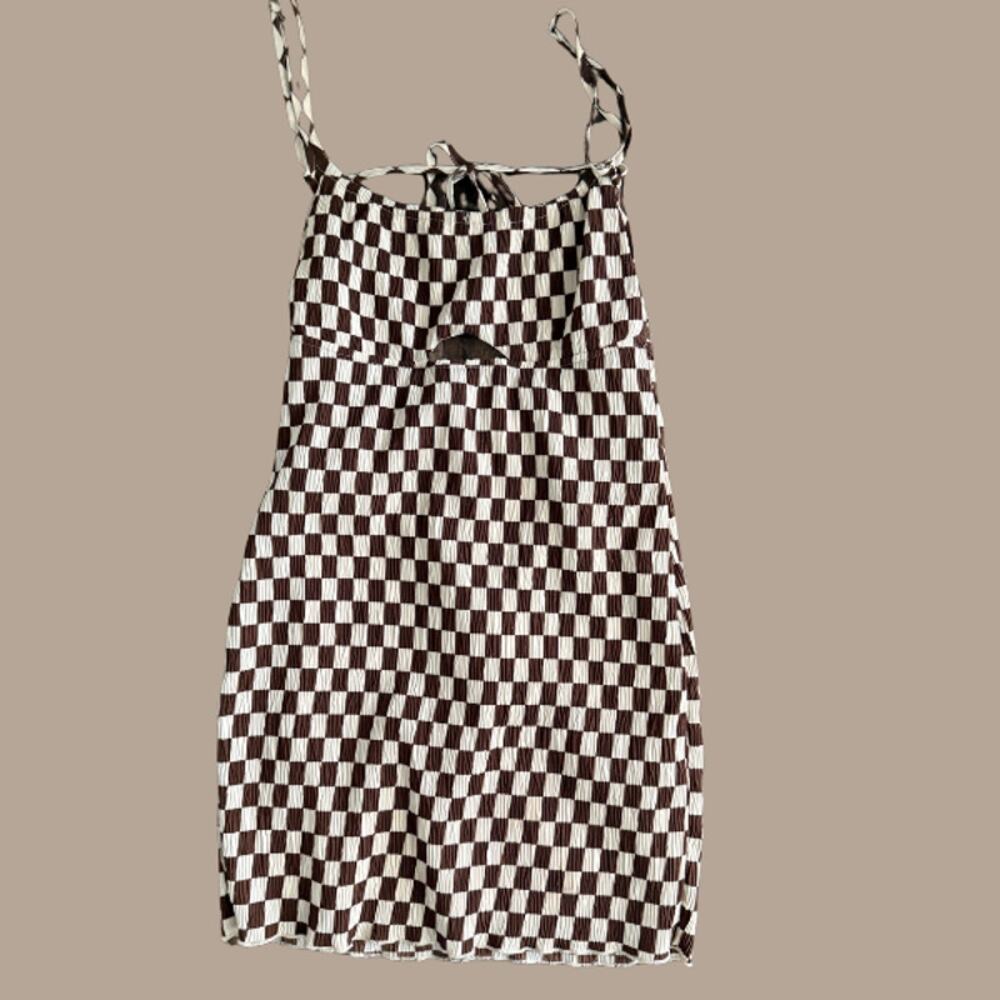 Emory Park Checkered Bodycon Mini Dress Medium Cutout Y2K Brown White Spaghetti